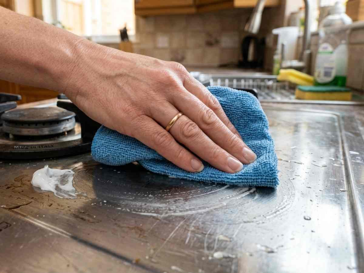 una signora passa sul piano cottura del dentifricio con un panno