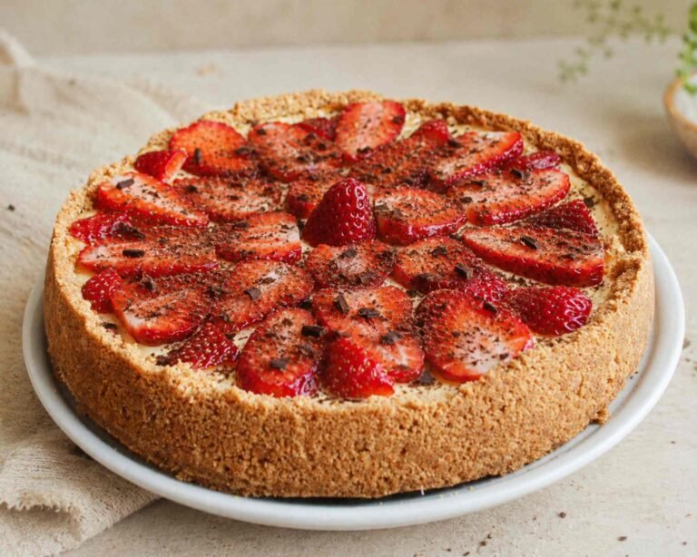 una cheesecake alle fragole con scaglie di cioccolato