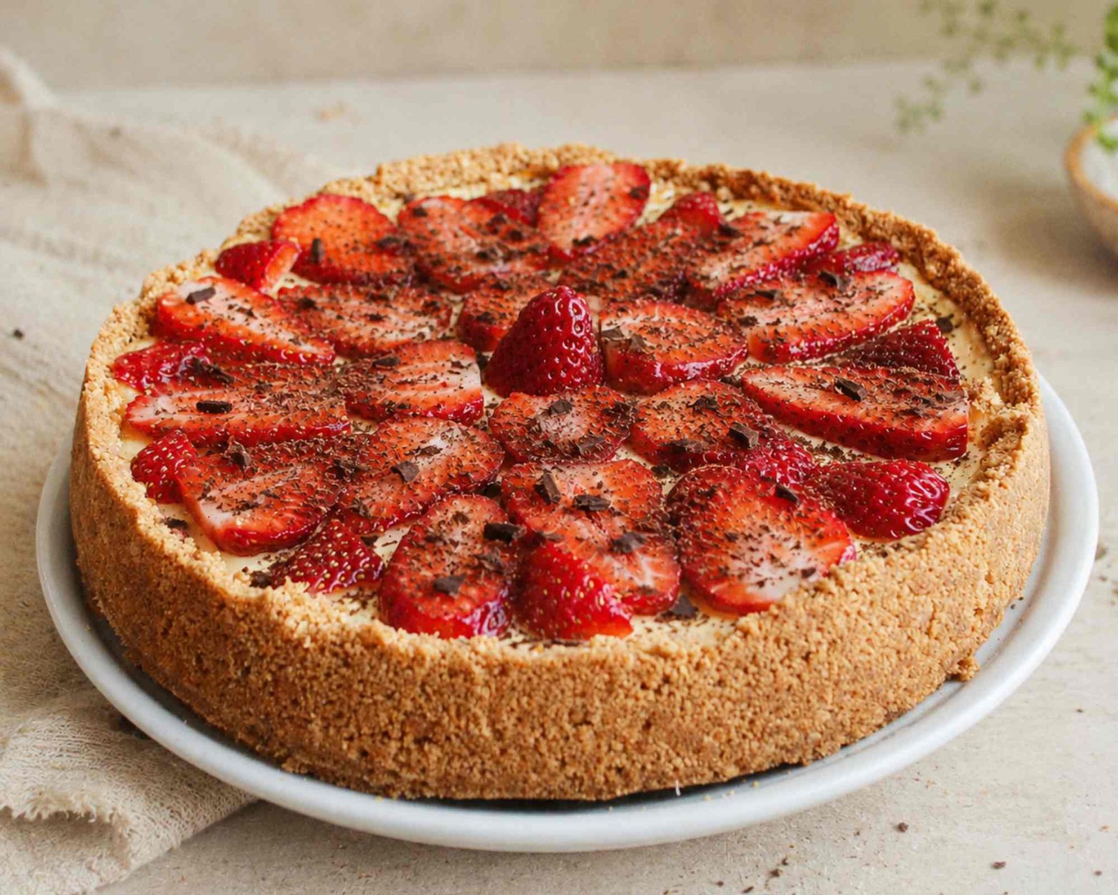 una cheesecake alle fragole con scaglie di cioccolato