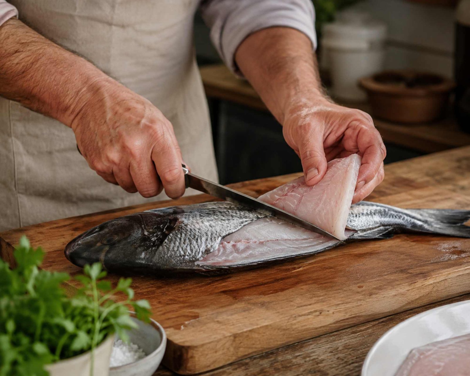 uno chef taglia pesce e lo sfiletta