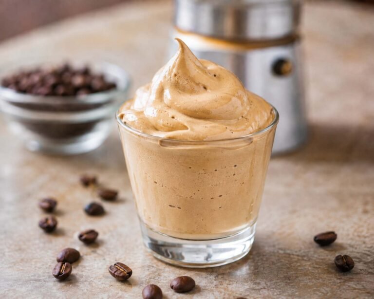 una crema al caffè in un bicchierino di vetro con intorno dei chicchi di caffè
