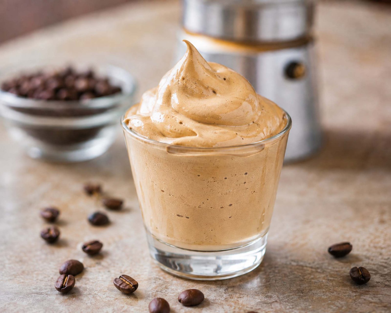 una crema al caffè in un bicchierino di vetro con intorno dei chicchi di caffè