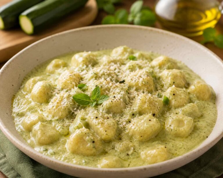 un piatto di gnocchi conditi con crema di zucchine e menta
