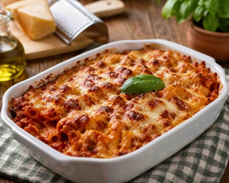 una teglia di pasta al forno condita