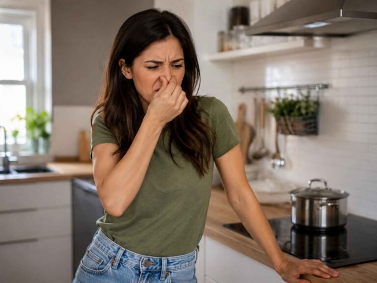 una donna si tappa il naso in cucina perché sente puzza