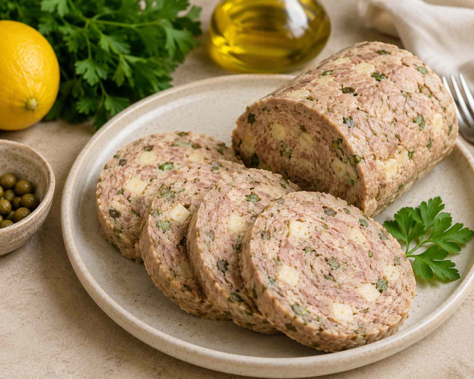 un salame a base di tonno con prezzemolo e formaggio su un piatto