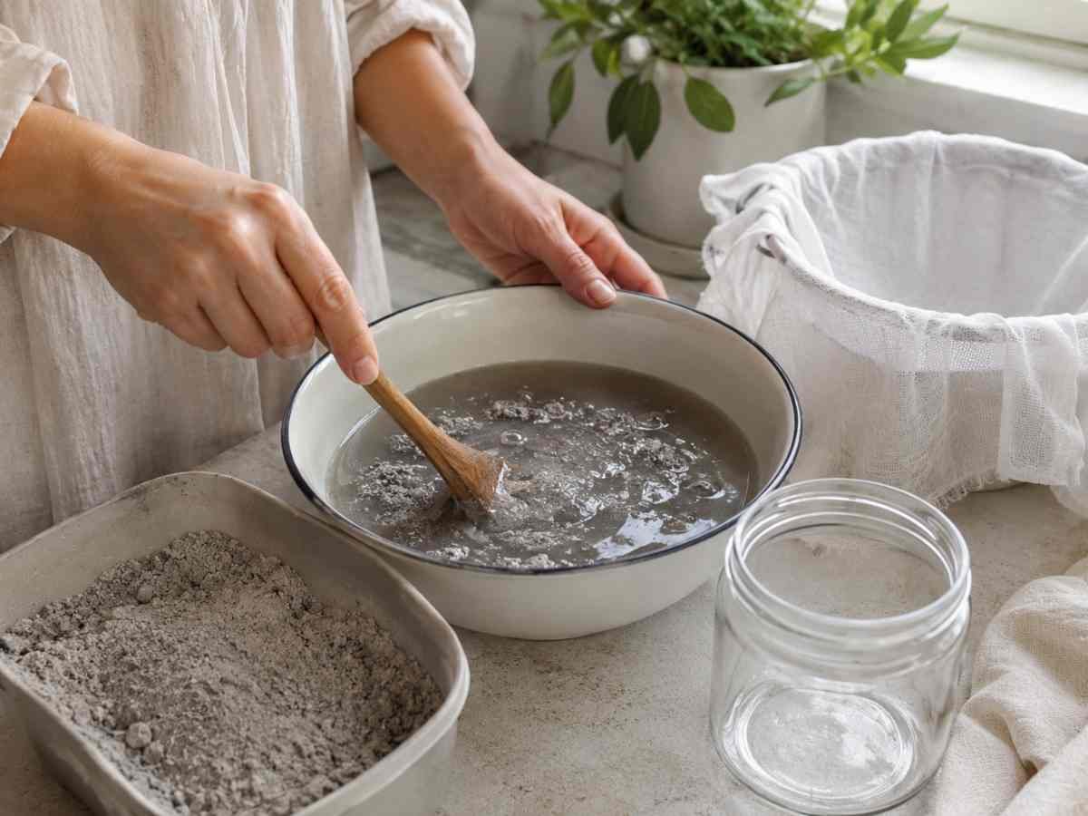 donna prepara lisciva con la cenere