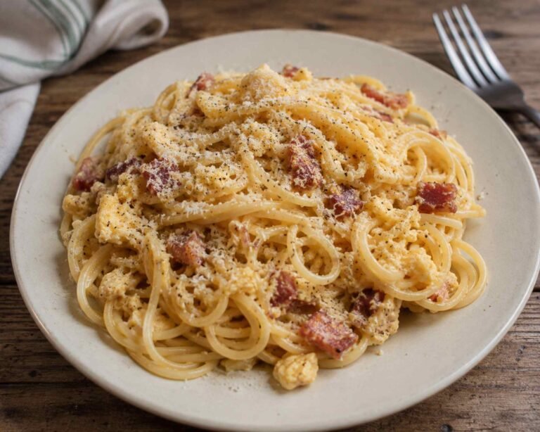 spaghetti con uova strapazzate e pancetta