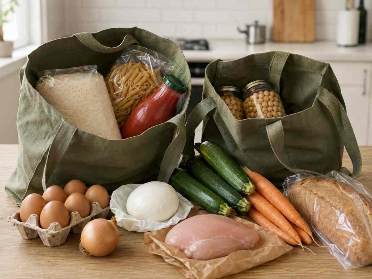 due buste della spesa contenenti ingredienti freschi e secchi, verdure e scatolame